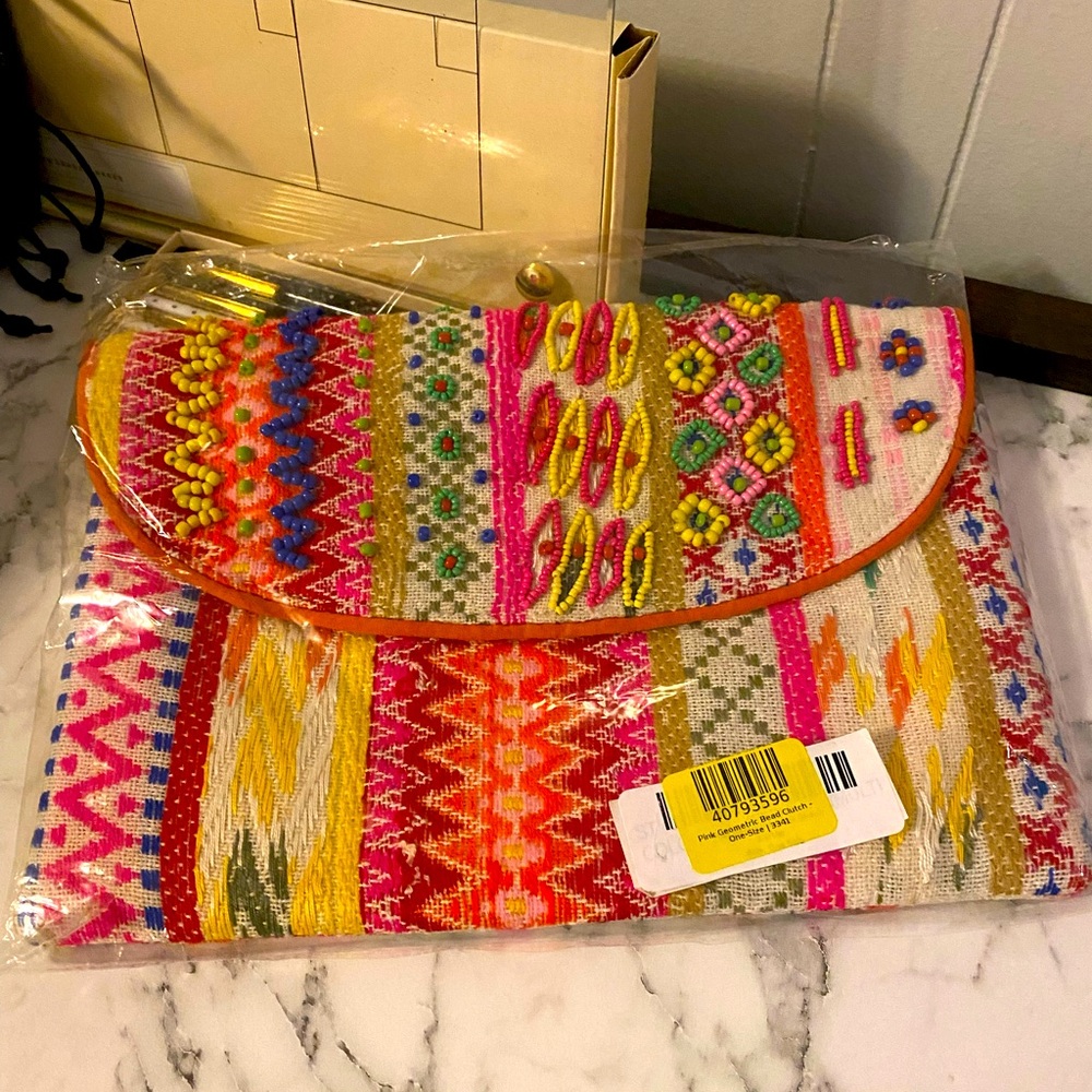 NWT Raj Imports Pink Geometric Bead Clutch